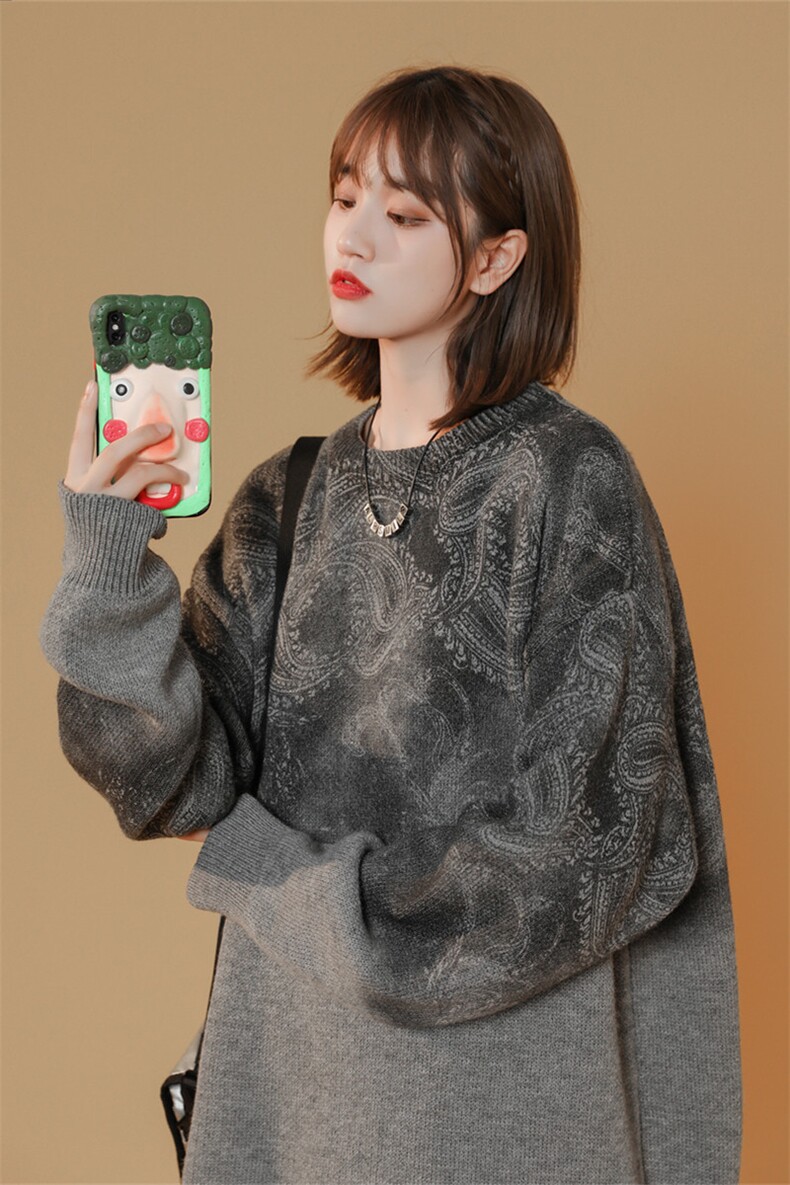M3117/P70冬季中性风毛衣男女圆领套头针织衫腰果花扎染大码上衣,男装针织衫/毛衣,电商A141