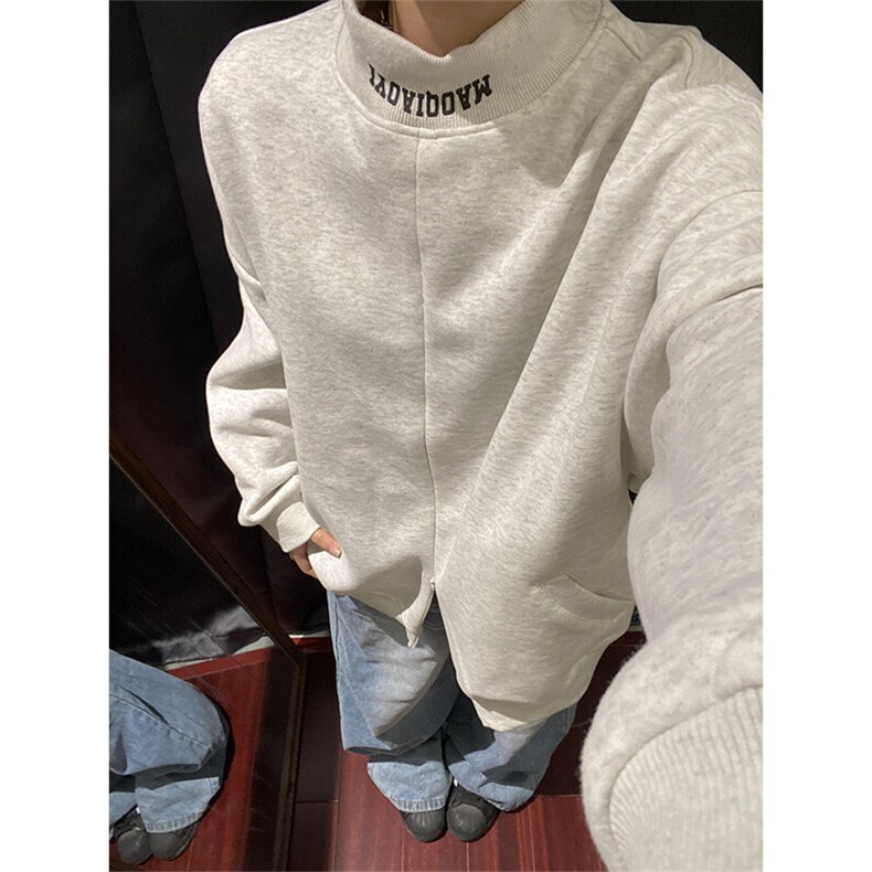 灰色半高领卫衣字母印花痞帅套头外套WY097特P48,女装短外套,星座908-1