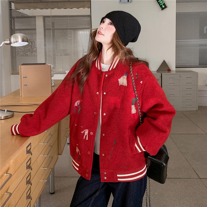 2025红色休闲韩系条纹棒球服外套女毛绒绒冬季羽绒服保暖上衣新款，女装羽绒服，艾米莉亚