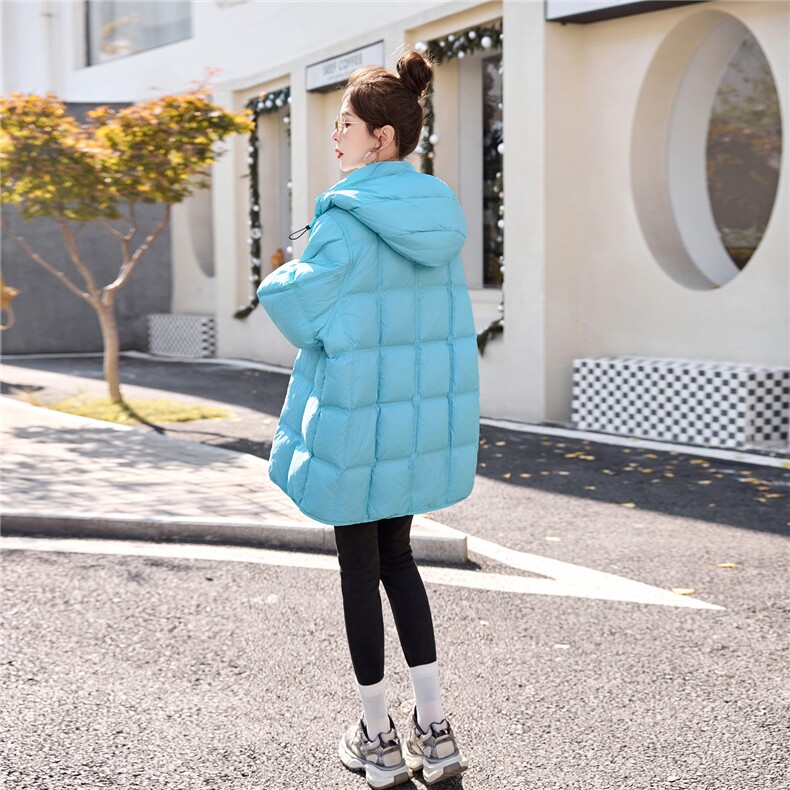 蓝色立领连帽泡芙90白鸭绒羽绒服女冬季2025新款韩系超好看中长款，女装羽绒服，艾瑞儿