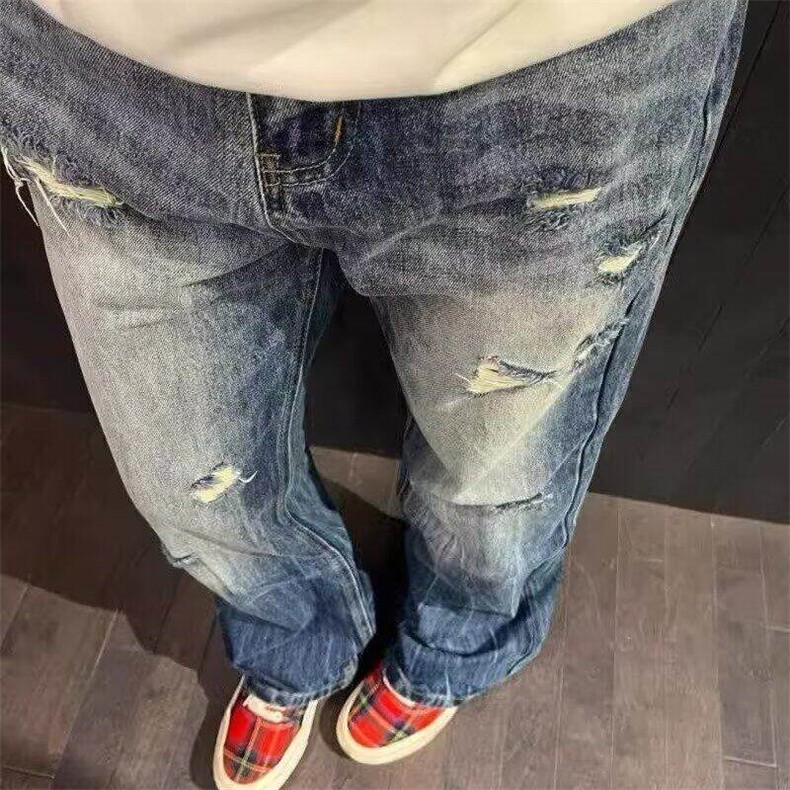 美式高街直筒水洗牛仔裤破洞显瘦新款宽松ins百搭长裤WL4244-P48，男装牛仔裤，星座1008