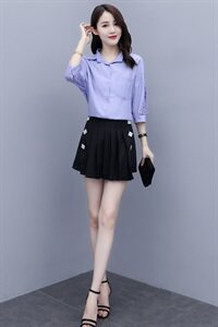 2021夏款新款蕾丝拼接宽松百搭衬衫+裙裤套装图片