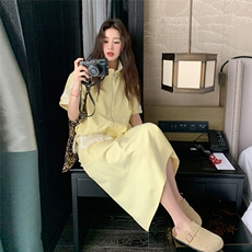 黄色蕾丝拼接套装裙女2025夏季新款韩系穿搭上衣半身长裙两件套，女装套装/套裙，2C129
