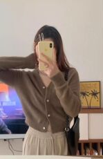 气质V领短款针织开衫女春秋宽松显瘦毛衣外套小个子羊毛外搭，女装针织衫/毛衣，恒恩羊绒