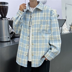 小香风外套男春秋季高级感格子潮牌衬衫翻领帅气情侣宽松夹克衬衣，男装夹克，星座601-1