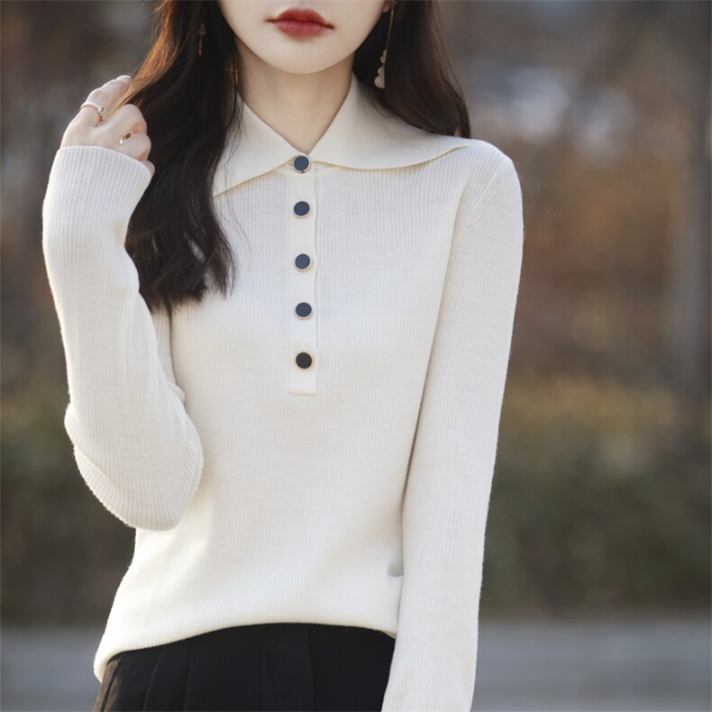 春秋季新款POLO领超细羊毛针织衫女毛衣翻领高级感打底衫内搭上衣,女装羊毛衫,戎美山