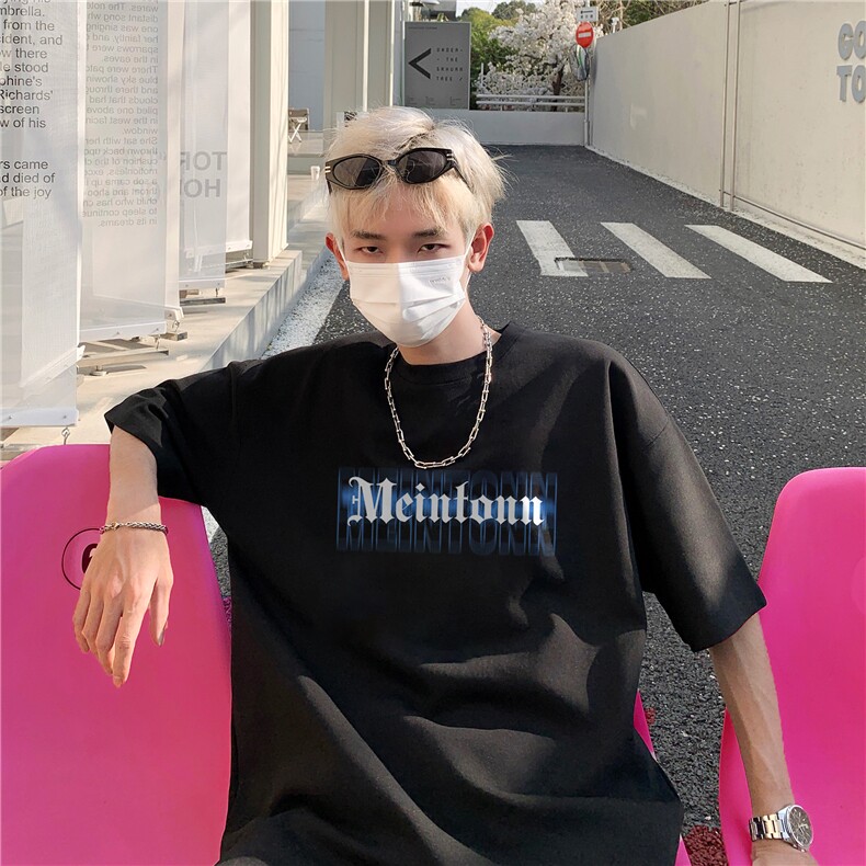流星印花重磅纯棉T恤宽松圆领大码百搭白色五分袖情侣款夏季短袖,男装T恤,电商A425