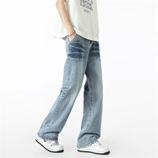 小众裂纹设计水洗浅蓝色牛仔裤男款美式潮流XZ201-S801P45，男装牛仔裤，星座201