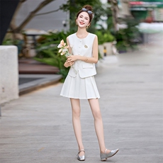 学院风减龄单排扣马甲套装女2025夏季新款日系高级感百褶裙两件套，女装套装/套裙，采品优优