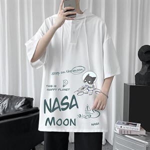 LD54187-P45 NASA联名同款连帽短袖t恤男大码胖子带帽五分袖中袖图片