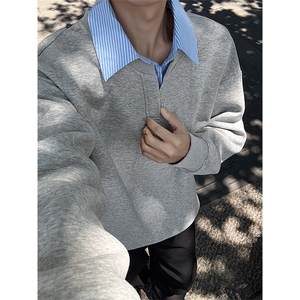 特批P40无差价420g重磅条纹拼接潮流假两件Polo领大码卫衣男W5432图片