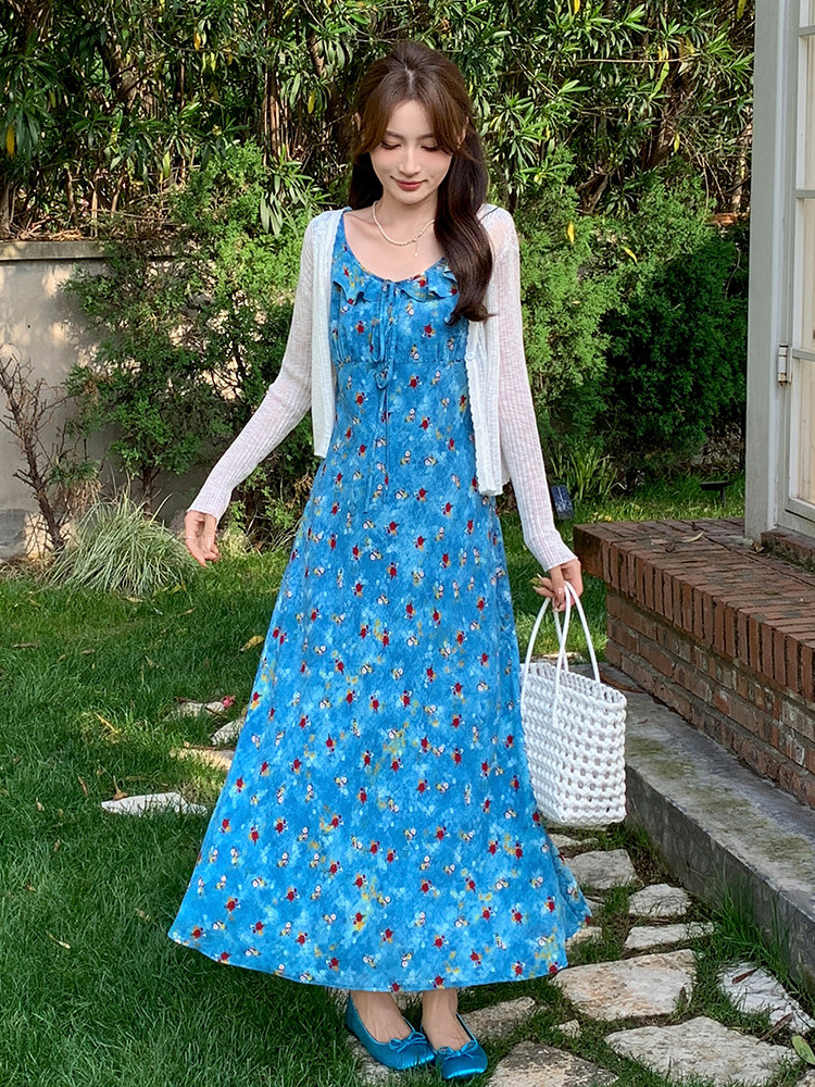 蓝色荷叶领碎花连衣裙女2025夏季新款韩系甜美修身显瘦吊带长裙潮,女装连衣裙,玖莱伊