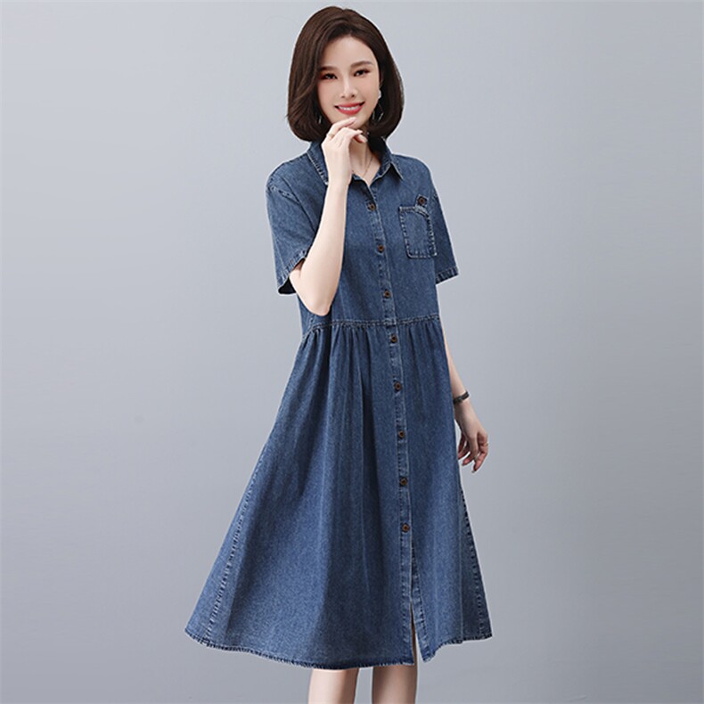 妈妈端庄大气夏装2025新款中年牛仔短袖连衣裙贵夫人时尚品牌裙子,女装连衣裙,悦见她