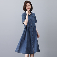 妈妈端庄大气夏装2025新款中年牛仔短袖连衣裙贵夫人时尚品牌裙子，女装连衣裙，悦见她