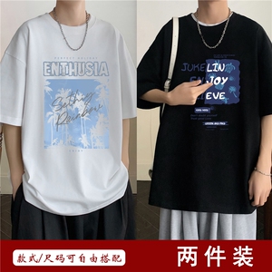 240G两件装重磅美式印花纯棉大码宽松休闲短袖T恤LT2839-P48控68图片