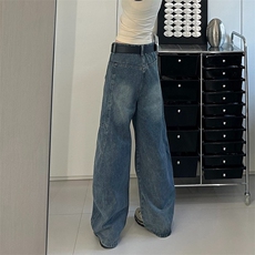 复古水洗扎染弯刀牛仔裤男士微喇叭宽松阔腿做旧解构拖地长裤直筒，男装牛仔裤，星座601-1