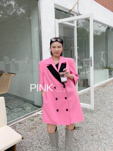 现货韩版薄料格子西服牛仔裙韩系直筒连衣裙，女装连衣裙，PINK