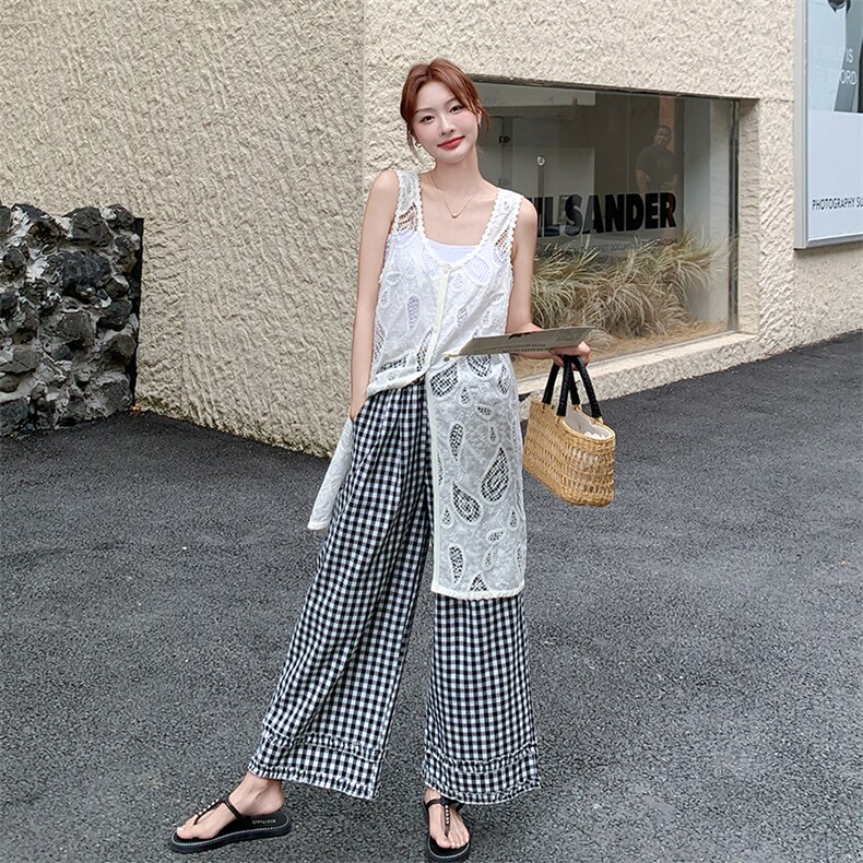 蕾丝无袖背心阔腿裤套装女夏2025新款两件套不规则大方得体流行,女装套装/套裙,欧黛芙妮