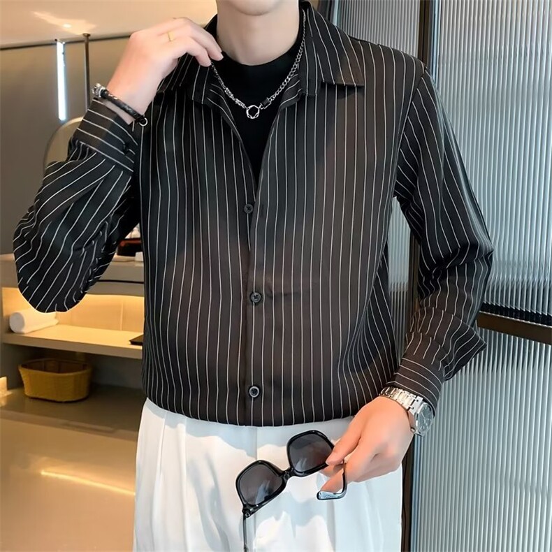 秋季高级感黑色条纹衬衫男士长袖商务休闲衬衣假两件衬衫Q803P43,男装衬衫,星座1116-2
