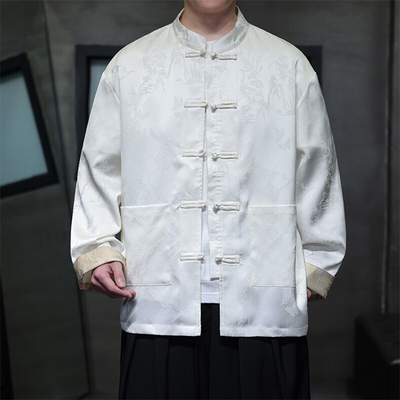 2025新中式衬衫盘扣翻袖子花纹开衫男女长袖A021-KS513-P85控98,男装衬衫,电商A021