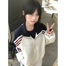 抖音得物高品质美式高街重磅结构织带拼接撞色立领卫衣外套CM41，女装短外套，电商A486-1