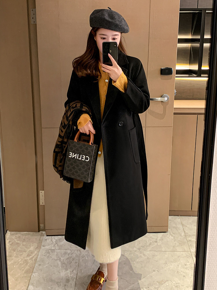 黑色韩版中长款呢宽松大衣女2024年冬季新款赫本风流行毛呢外套,女装毛呢外套,辉之琳
