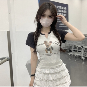 ZT5965-P38美式复古短袖T恤女夏季V领纯棉修身短款上衣图片