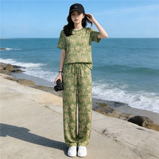 韩版时尚潮流套装女夏季新款个性简约圆领印花上衣阔腿长裤两件套，女装套装/套裙，江南
