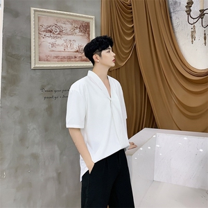 夏季很仙的中袖衬衫V领休闲韩版网红发型师白衬衣A345-272-P65图片