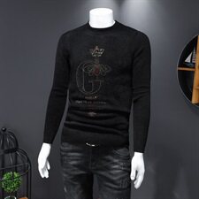 3600秋冬季新款男士天鹅绒烫钻图案加厚保暖毛衣，男装针织衫/毛衣，钱塘2010-1
