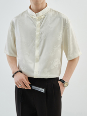 抖音夏季新中式风立领竹叶短袖衬衫男冰丝衬衣A236-0861-P55，男装衬衫，电商A236