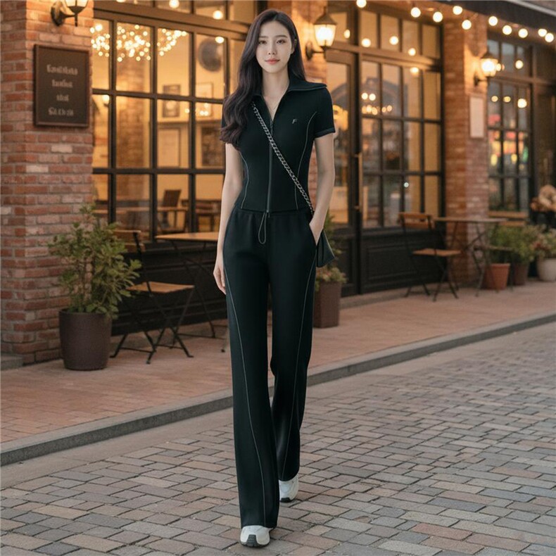 潮流时尚休闲运动套装女夏季新款显瘦气质翻领短袖卫衣长裤两件套,女装套装/套裙,江南