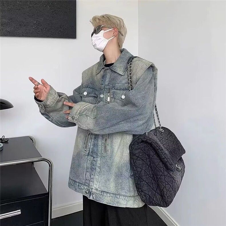春秋水洗蓝色夹克男女宽松设计感重工做旧垫肩牛仔外套chic潮,男装工装外套,星座516A