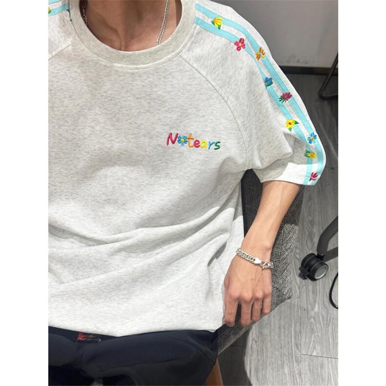 网图有货美式高街肩带刺绣短袖t恤男女拼接花卉宽松上衣A667-P35,男装T恤,星座1505