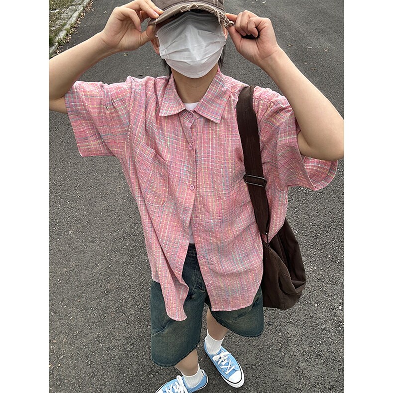 短袖衬衣男夏季新品港风宽松大码青年格子衬衫 CS282-P35图片