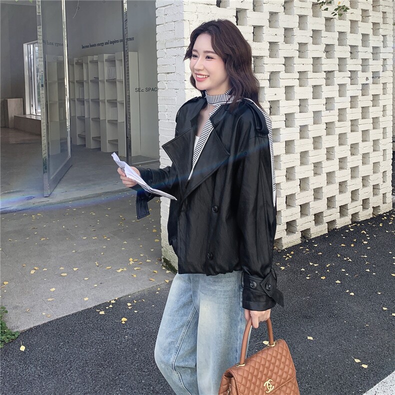 甜酷风黑色皮衣短外套女春秋2025新款爆款高级感PU夹克松弛感减龄,女装皮衣,2C057