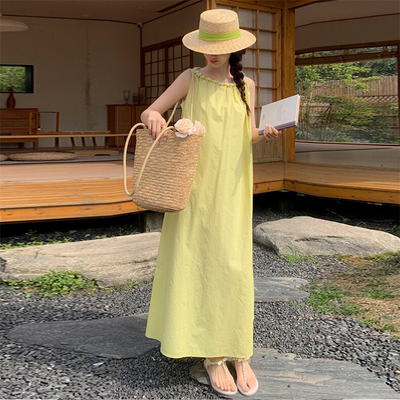 Moriirose湖蓝色立体花系带连衣裙女夏季复古收腰显瘦无袖中长裙,女装连衣裙,贝蕾酷儿