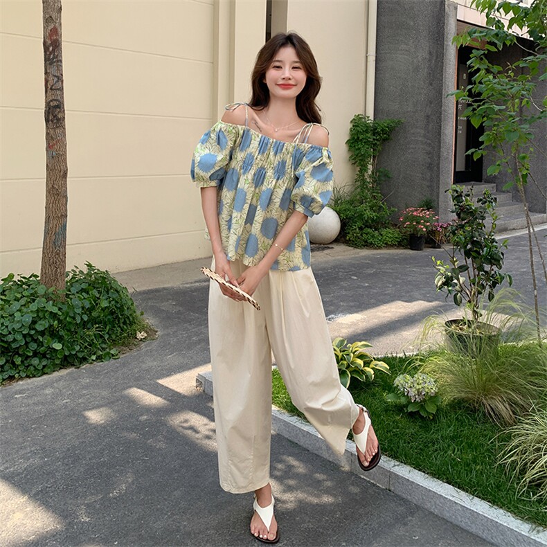 小个子法式茶歇印花一字肩上衣套装女夏新款休闲舒适阔腿裤两件套,女装套装/套裙,维壹