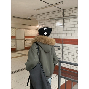 现货重磅boxy短款棉衣座山雕大毛毛领男女棉服水洗工装厚外套图片