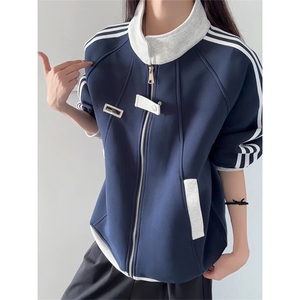 美式条纹卫衣外套男女秋季高街痞帅撞色拼接棒球服学院风立领夹克图片