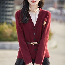 春秋新款精纺羊毛V领开衫女西装宽松百搭针织衫毛衣短款外套上衣，女装羊毛衫，暖烁羊绒