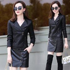 潮流拼接休闲皮衣PU拉链V领纯色2021年秋季气质，女装皮衣，阿菲诺依