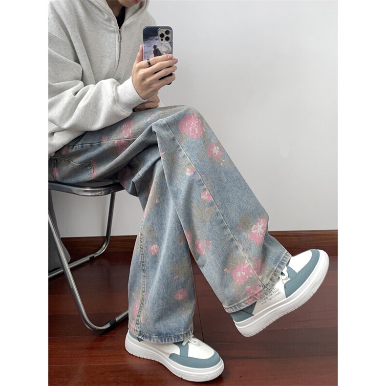B221 美式ins高街小众桃花宽松直筒牛仔裤 LK24385-特P52控88图片