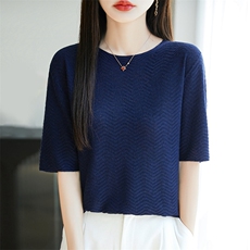 一线成衣无缝精纺薄款醋酸天丝圆领针织短袖T恤女打底衫宽松显瘦，女装T恤，暖烁羊绒