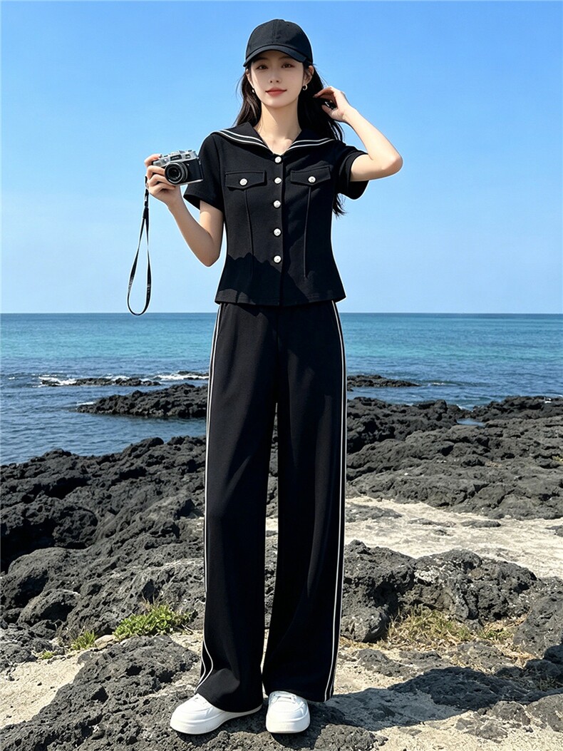 欧韩休闲运动套装女夏季新款撞色拼接海军领短袖上衣直筒裤两件套,女装套装/套裙,江南