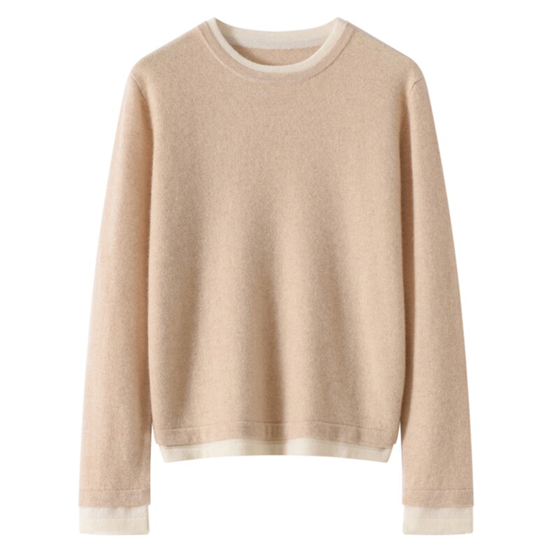 时尚拼色~圆领100纯羊绒衫女假两件软糯亲肤2025秋冬新款针织毛衣，女装羊绒衫，镁纯羊绒