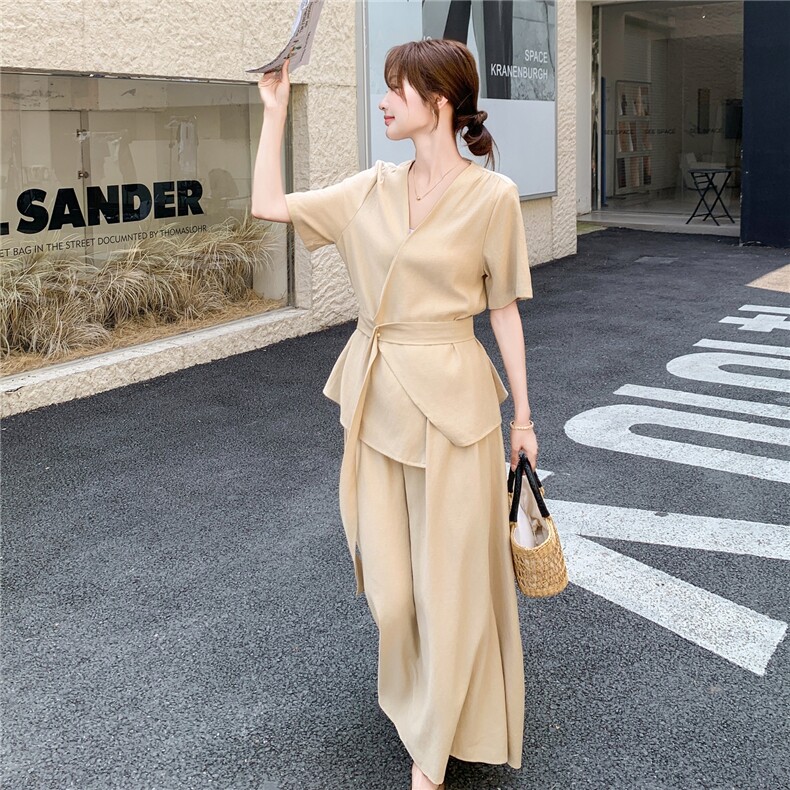 法式轻熟风气质套装裙女2025夏新款v领收腰绑带上衣半身裙两件套图片
