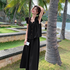 法式气质纯色小飞袖方领上衣夏季2025新款设计感高腰半身裙，女装连衣裙，2C032