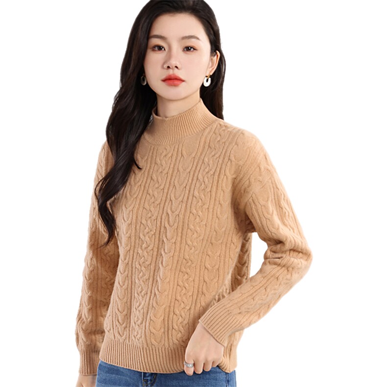 女士秋季新款简约百搭半高领重工绞花羊毛衫,女装羊毛衫,奢优羊绒