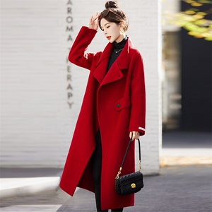 美拉德双面羊绒大衣女中长款2023冬新款立领本命年红色羊毛呢外套图片